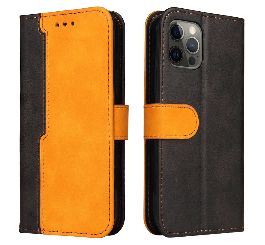 iPhone 12 hoesje - Bookcase - Koord - Pasjeshouder - Portemonnee - Tweekleurig - Kunstleer - Zwart/Oranje kopen