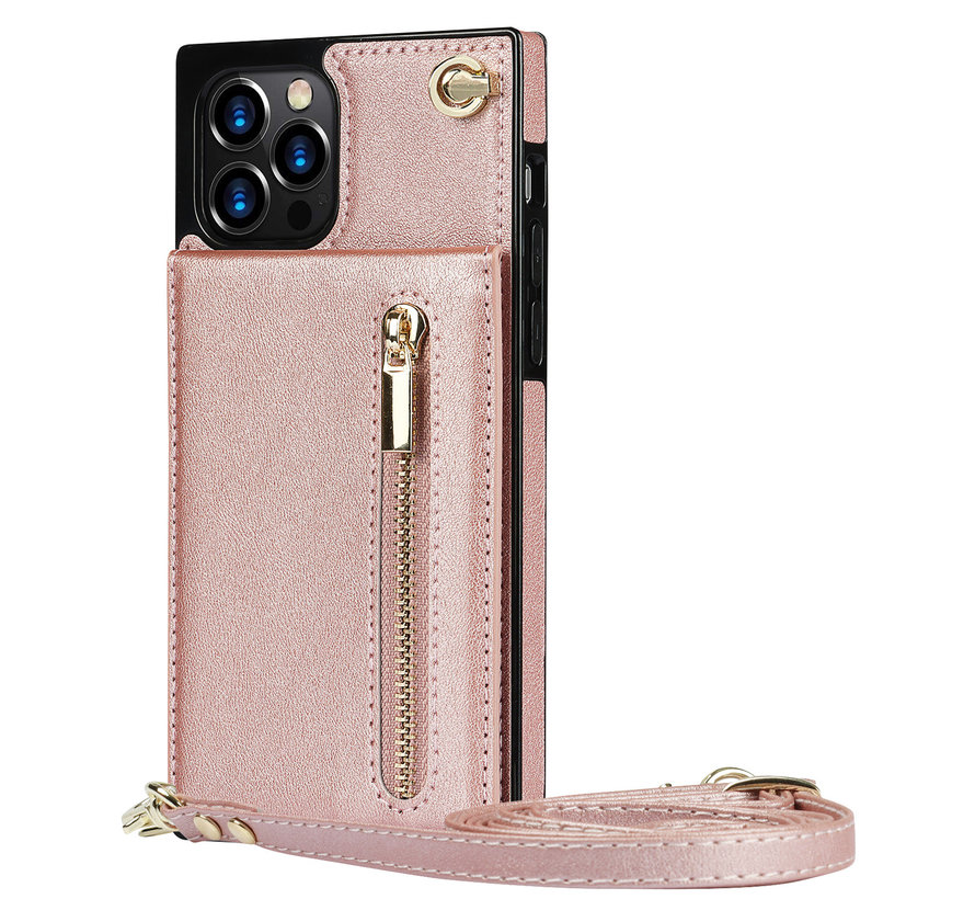iPhone 12 hoesje - Backcover - Pasjeshouder - Portemonnee - Koord - Kunstleer - Rose Goud kopen