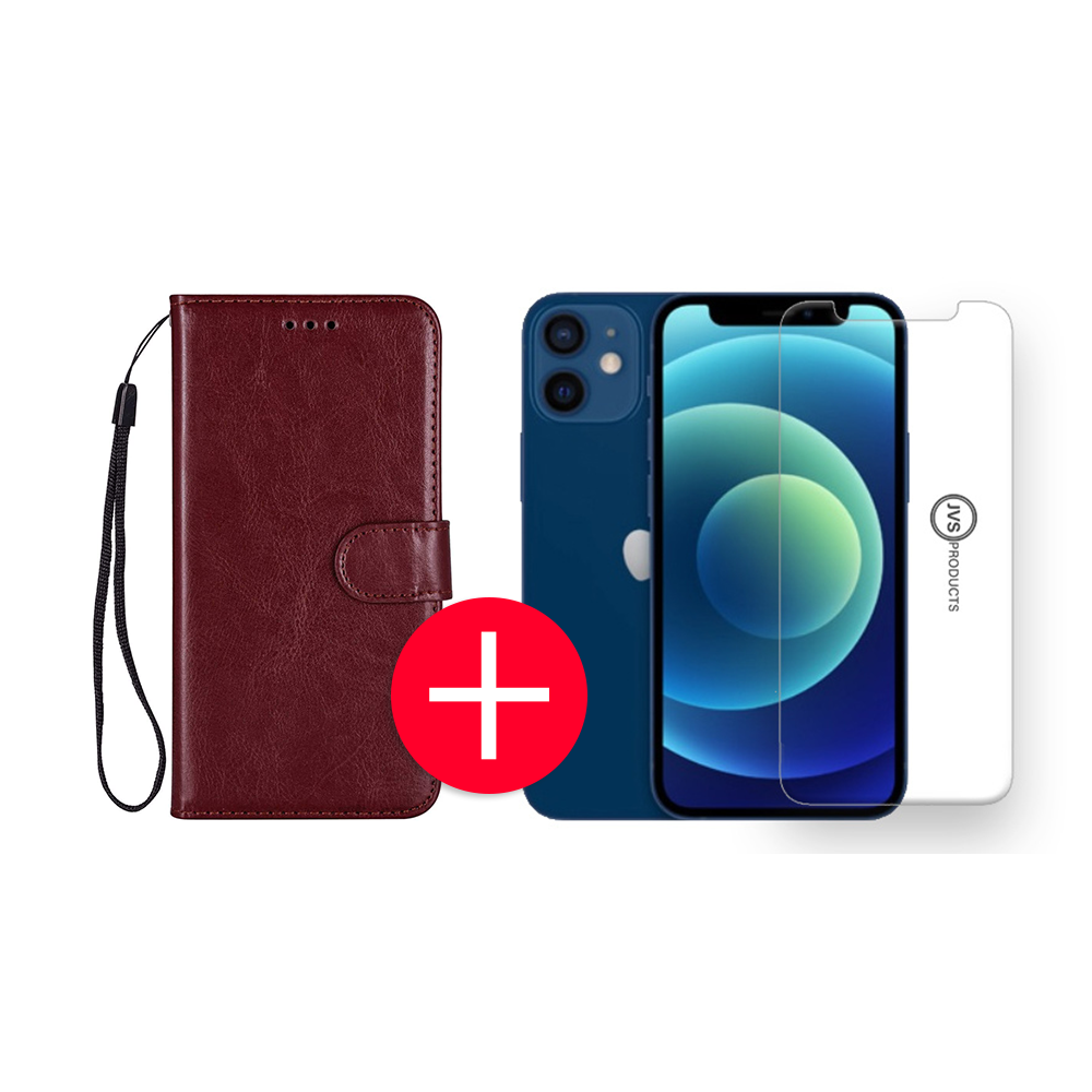 iPhone 12 Mini Hoesje - Kunstleer - Portemonnee - Book Case - Wallet - Apple iPhone 12 Mini - Donkerbruin + Gratis Screenprotector afbeelding