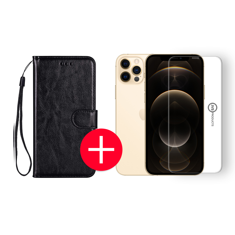 iPhone 12 Pro Max Hoesje - Kunstleer - Portemonnee - Book Case - Wallet - Apple iPhone 12 Pro Max - Zwart + Gratis Screenprotector afbeelding