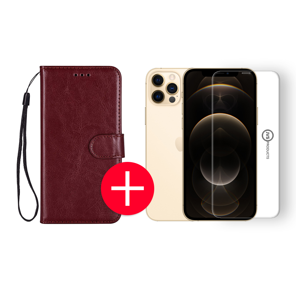 iPhone 12 Pro Max Hoesje - Kunstleer - Portemonnee - Book Case - Wallet - Apple iPhone 12 Pro Max - Donkerbruin + Gratis Screenprotector afbeelding