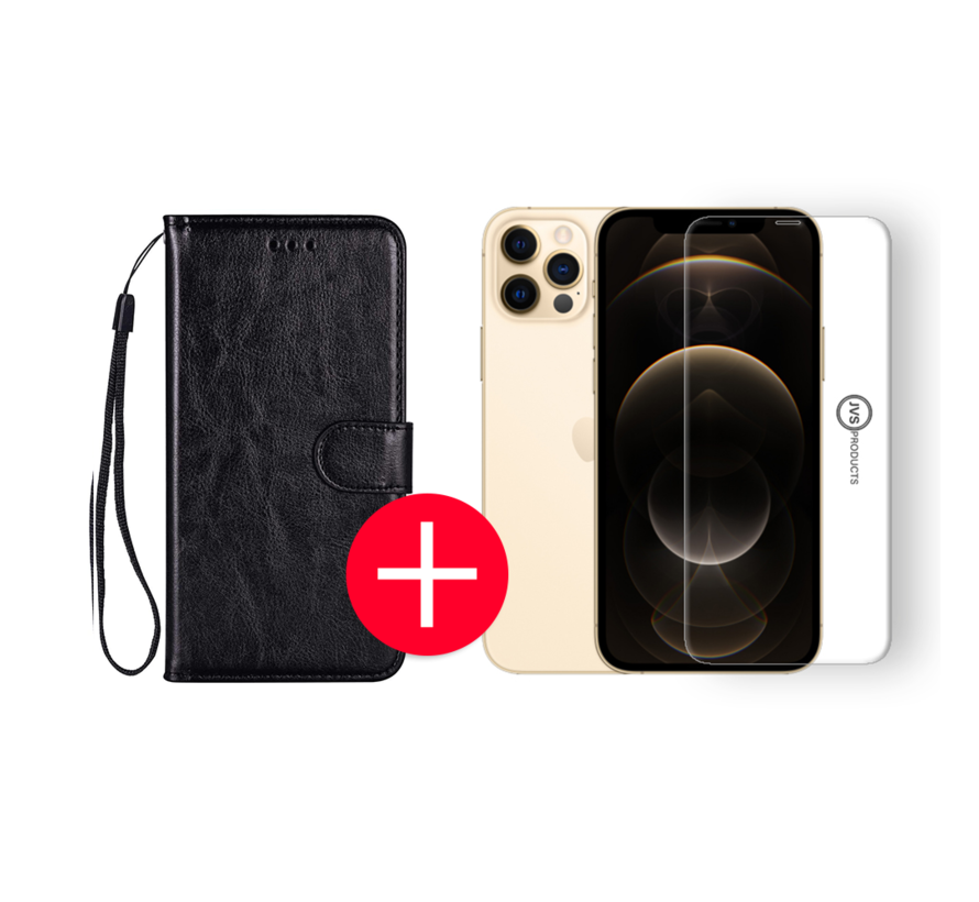iPhone 12 Pro Hoesje - Kunstleer Portemonnee Bookcase Wallet - Apple iPhone 12 Pro - Zwart + Gratis Screenprotector