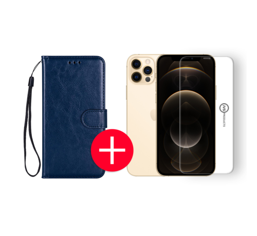 JVS Products iPhone 12 Pro Hoesje - Kunstleer Portemonnee Bookcase Wallet - Apple iPhone 12 Pro - Midnight Blue/Blauw + Gratis Screenprotector
