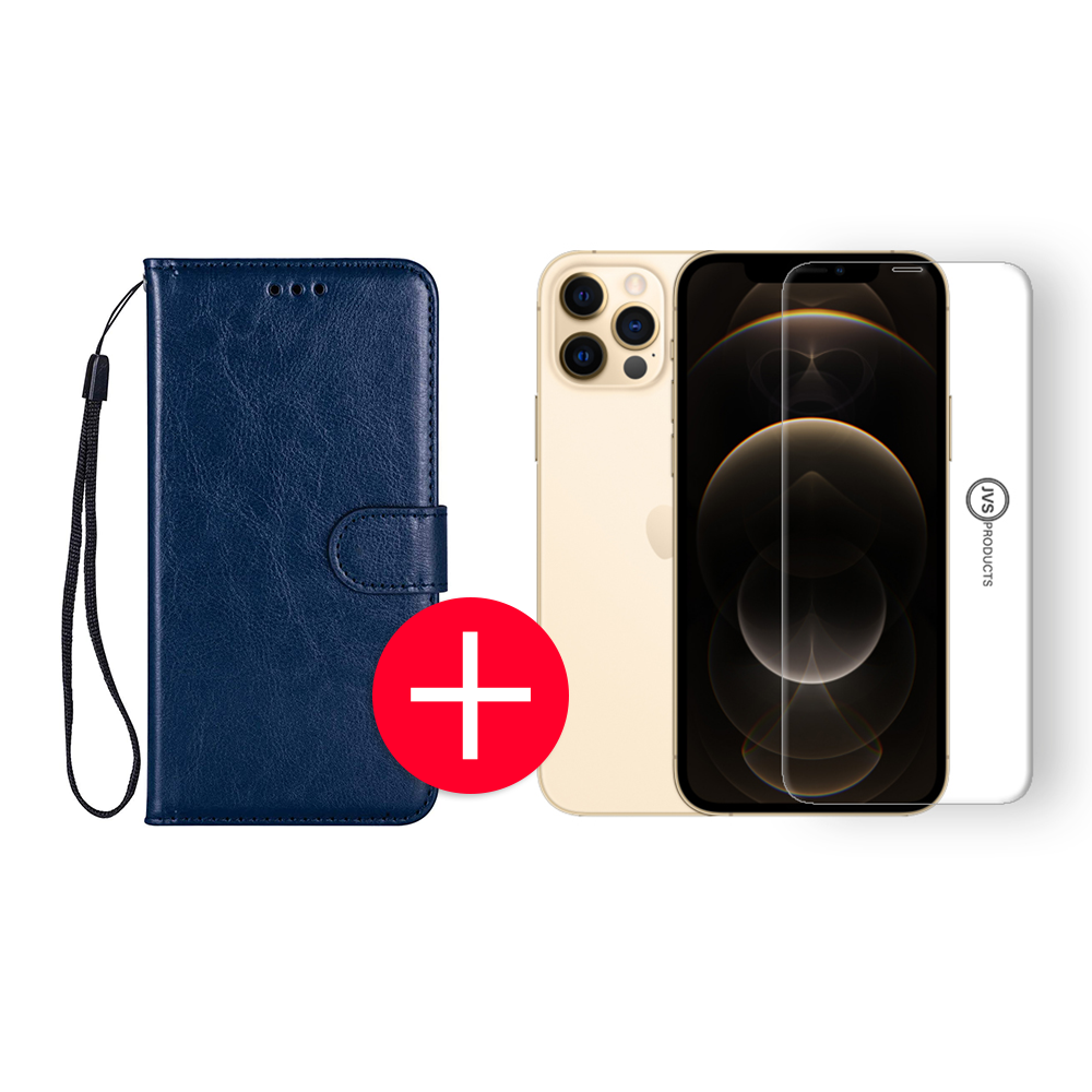 iPhone 12 Pro Hoesje - Kunstleer Portemonnee Bookcase Wallet - Apple iPhone 12 Pro - Midnight Blue/Blauw + Gratis Screenprotector