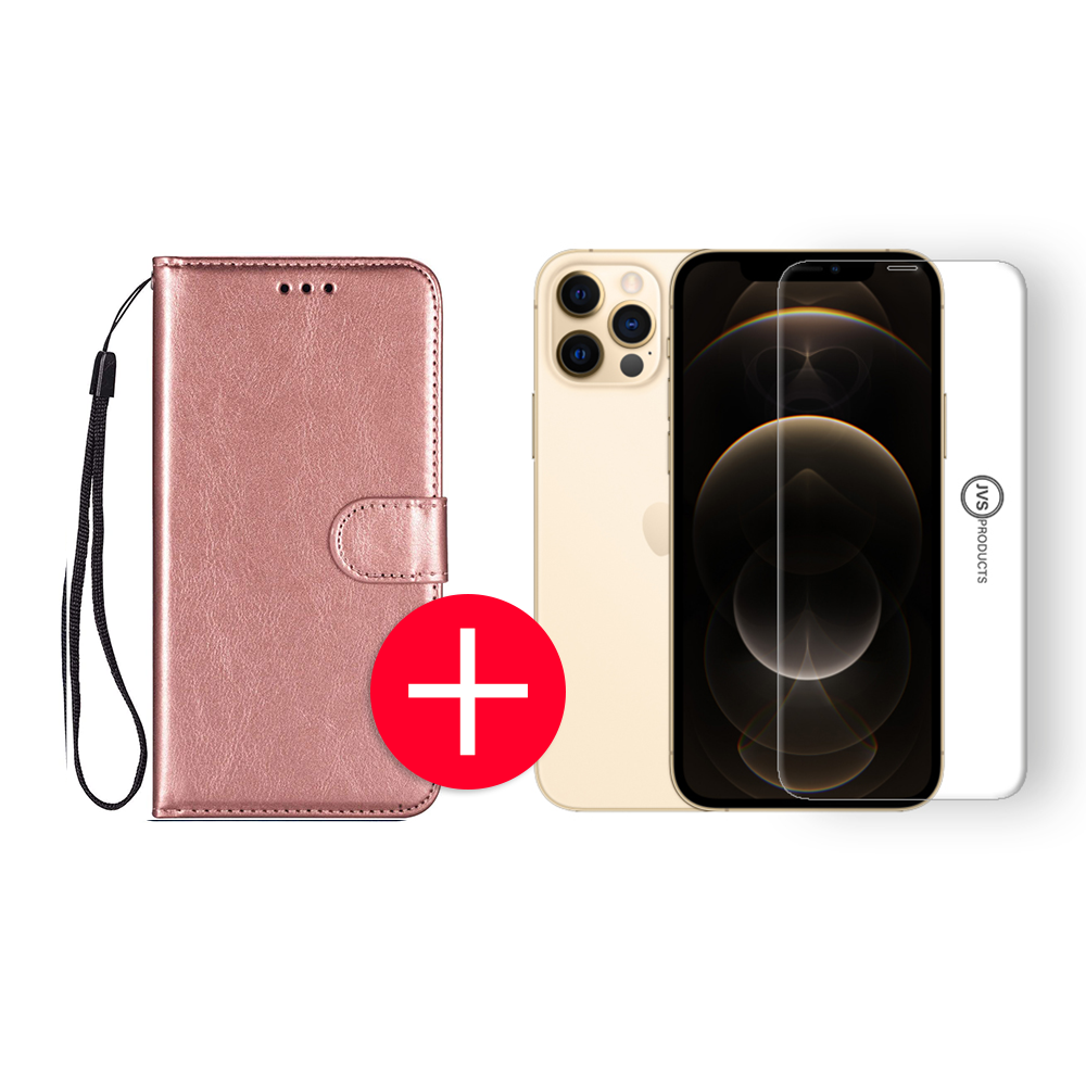 iPhone 12 Pro Hoesje - Kunstleer Portemonnee Bookcase Wallet - Apple iPhone 12 - Roze Goud/Rose Gold + Gratis Screenprotector