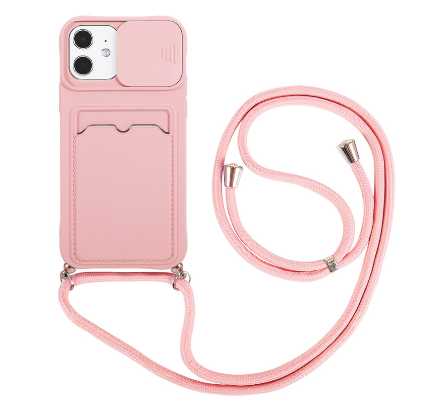 iPhone 12 Back Cover Hoesje met Koord - Back Cover - TPU - Pasjeshouder - Koord - Apple iPhone 12 - Roze kopen