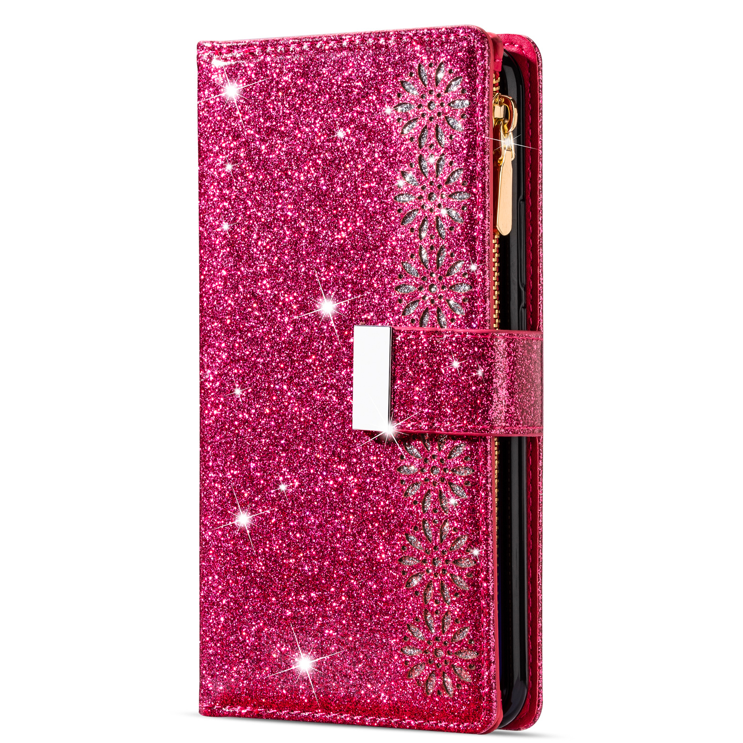 Samsung Galaxy A53 Luxe Glitter Book Case Hoesje met Koord - Bloemenpatroon - Magnetische Sluiting - Portemonnee met Rits - Pasjeshouder - Samsung Galaxy A53 - Roze