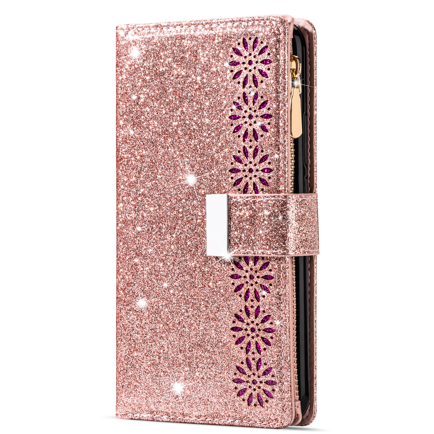 Samsung Galaxy A53 hoesje - Bookcase - Koord - Pasjeshouder - Portemonnee - Glitter - Bloemenpatroon - Kunstleer - Rose Goud afbeelding
