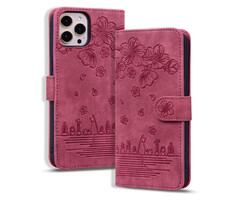 JVS Products iPhone 11 Pro Max hoesje - Bookcase - Koord - Pasjeshouder - Portemonnee - Camerabescherming - Bloemenpatroon - Kunstleer - Bordeaux Rood