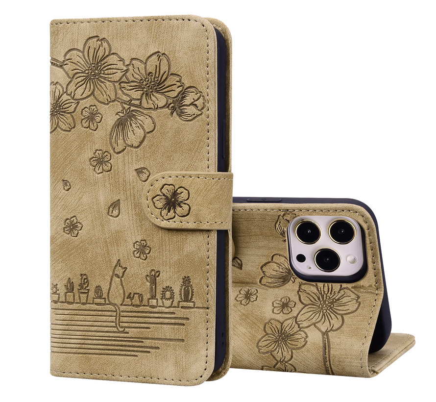iPhone 12 hoesje - Bookcase - Koord - Pasjeshouder - Portemonnee - Camerabescherming - Bloemenpatroon - Kunstleer - Bruin kopen
