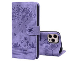 JVS Products iPhone 12 Pro hoesje - Bookcase - Koord - Pasjeshouder - Portemonnee - Camerabescherming - Bloemenpatroon - Kunstleer - Paars