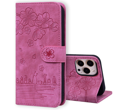 JVS Products iPhone 13 Book Case Hoesje met Camera Bescherming - Kunstleer - Pasjeshouder - Koord - Bloemen Patroon - Apple iPhone 13 - Roze kopen