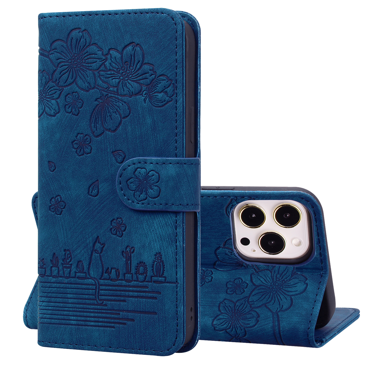 iPhone 13 Book case Hoesje met Camera Bescherming - Kunstleer - Pasjeshouder - Koord - Bloemen Patroon - Apple iPhone 13 - Blauw