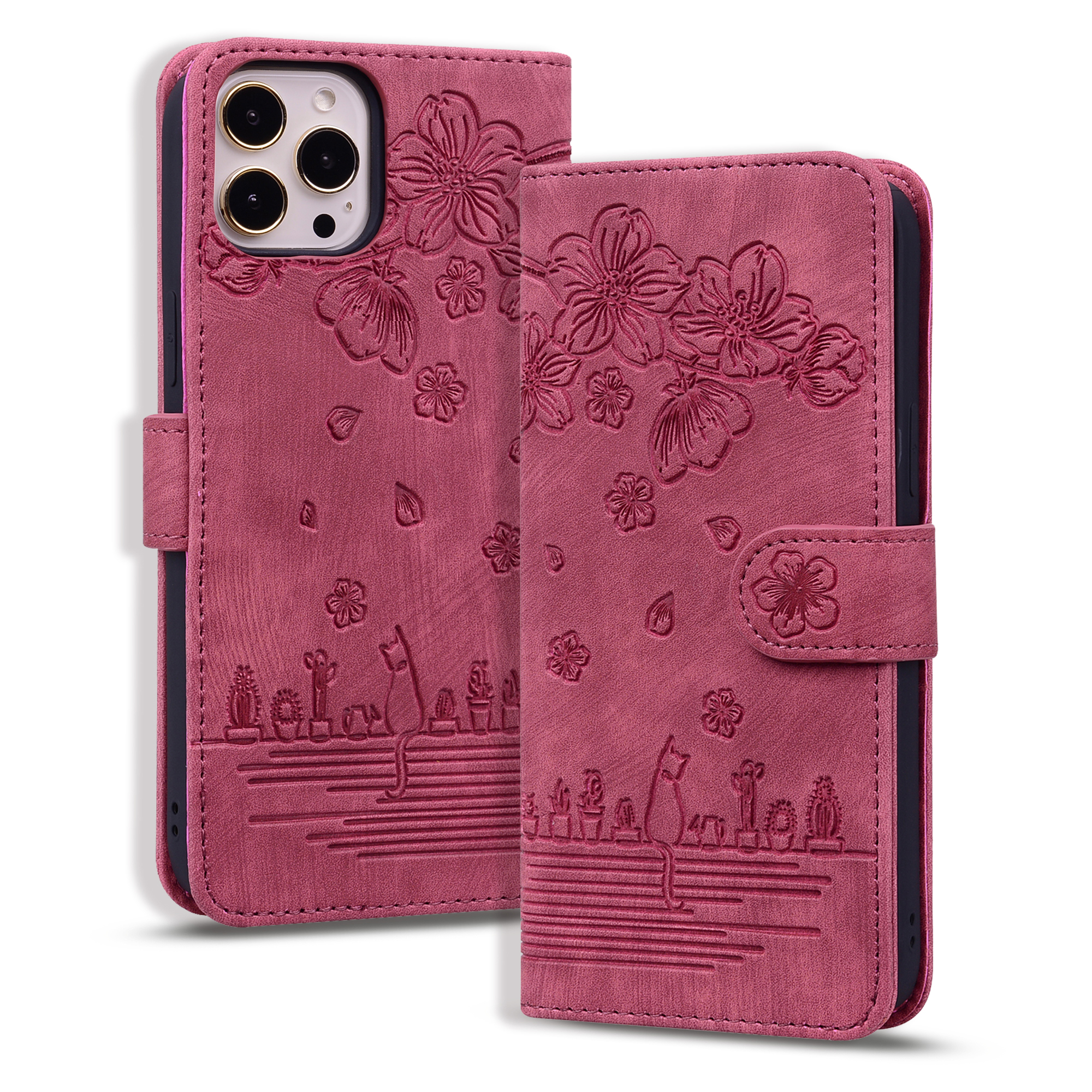 Samsung Galaxy S22 Ultra hoesje - Bookcase - Koord - Pasjeshouder - Portemonnee - Camerabescherming - Bloemenpatroon - Kunstleer - Bordeaux Rood afbeelding