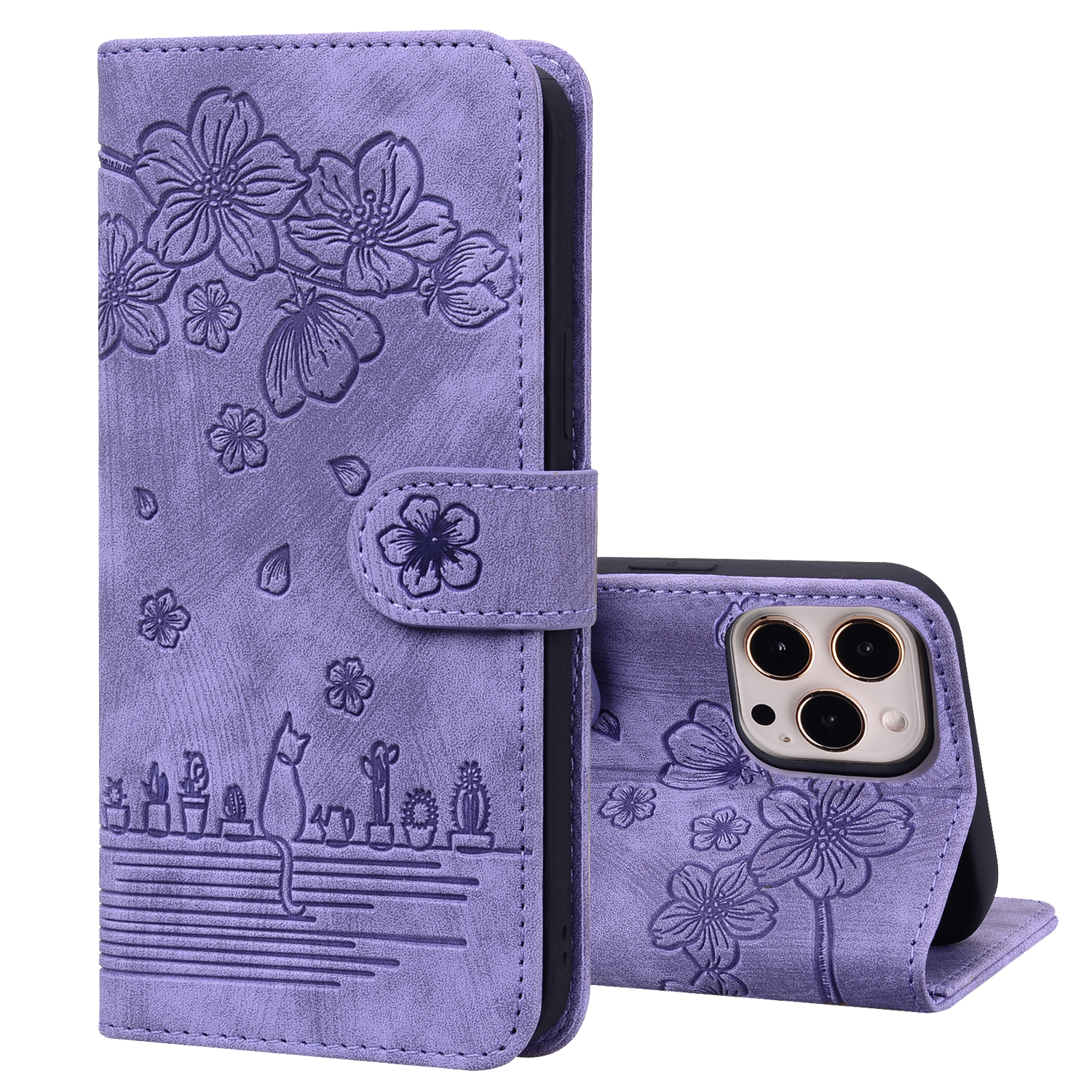 iPhone 13 Mini Book case Hoesje met Camera Bescherming - Kunstleer - Pasjeshouder - Koord - Bloemen Patroon -  iPhone 13 Mini – Paars