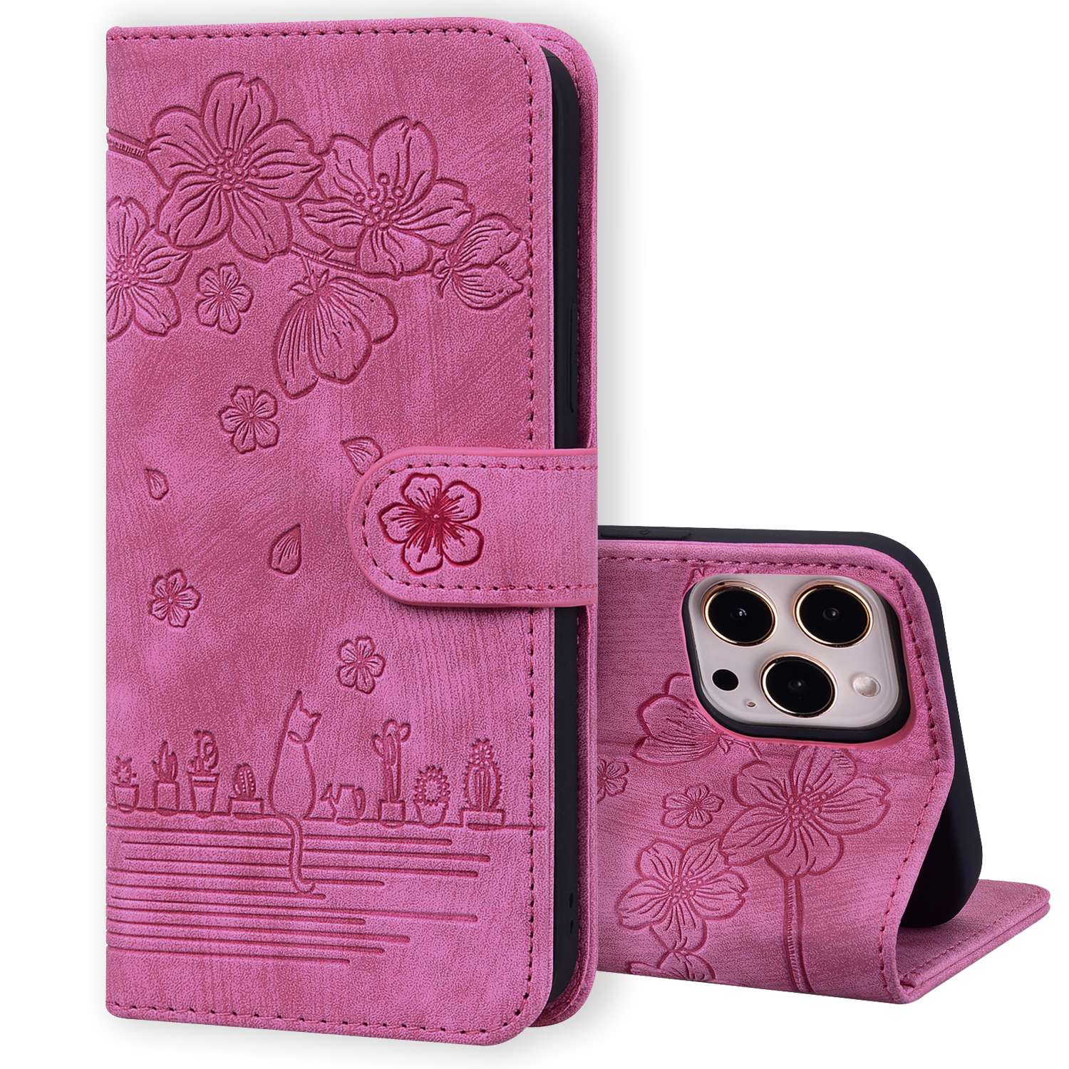 JVS Products iPhone 13 Mini hoesje - Bookcase - Koord - Pasjeshouder - Portemonnee - Camerabescherming - Bloemenpatroon - Kunstleer - Roze