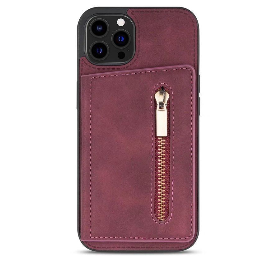 iPhone 12 Pro Back Cover Hoesje met Camera Bescherming - Kunstleer - Pasjeshouder - Stijlvol patroon - Apple iPhone 12 Pro - Bordeaux Rood kopen