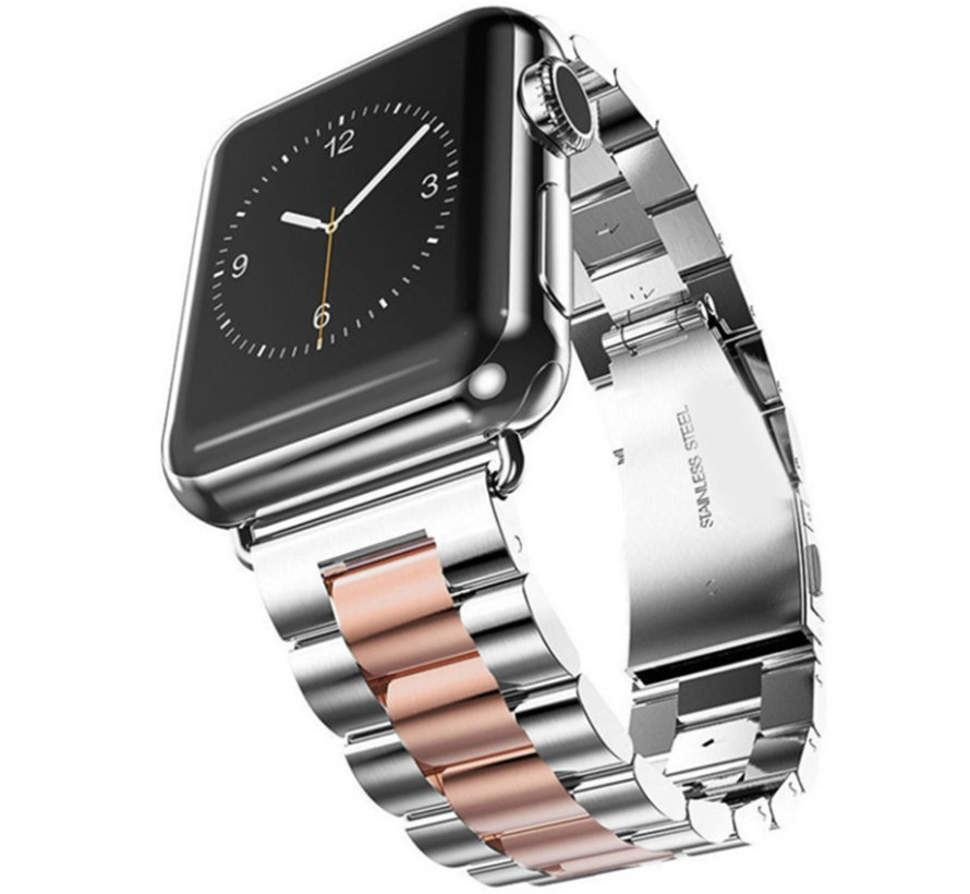 Bandje geschikt voor Apple Watch 42/44MM - Metalen band - Polsband - Vlindersluiting - Metaal - Zilver/Rose Goud kopen