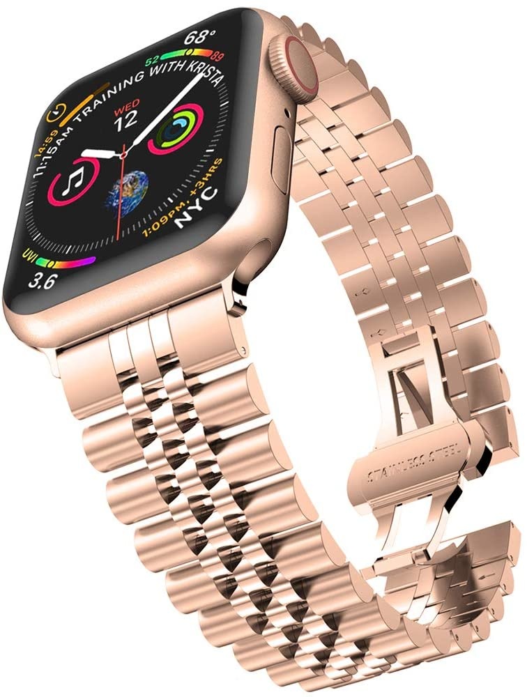 Bandje geschikt voor Apple Watch 42/44MM - Maat One Size - Vouw Sluiting - Horlogebandje - Polsband - Metaal - Rose Goud afbeelding
