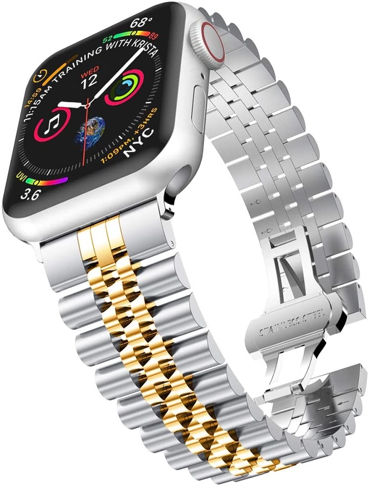 Bandje geschikt voor Apple watch 42/44MM - Vouw Sluiting - Horloge Bandje - Polsband - Metaal - Zilver/Goud