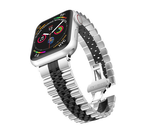 JVS Products Bandje geschikt voor Apple watch 42/44MM - Vouw Sluiting - Horloge Bandje - Polsband - Metaal - Zilver/Zwart kopen