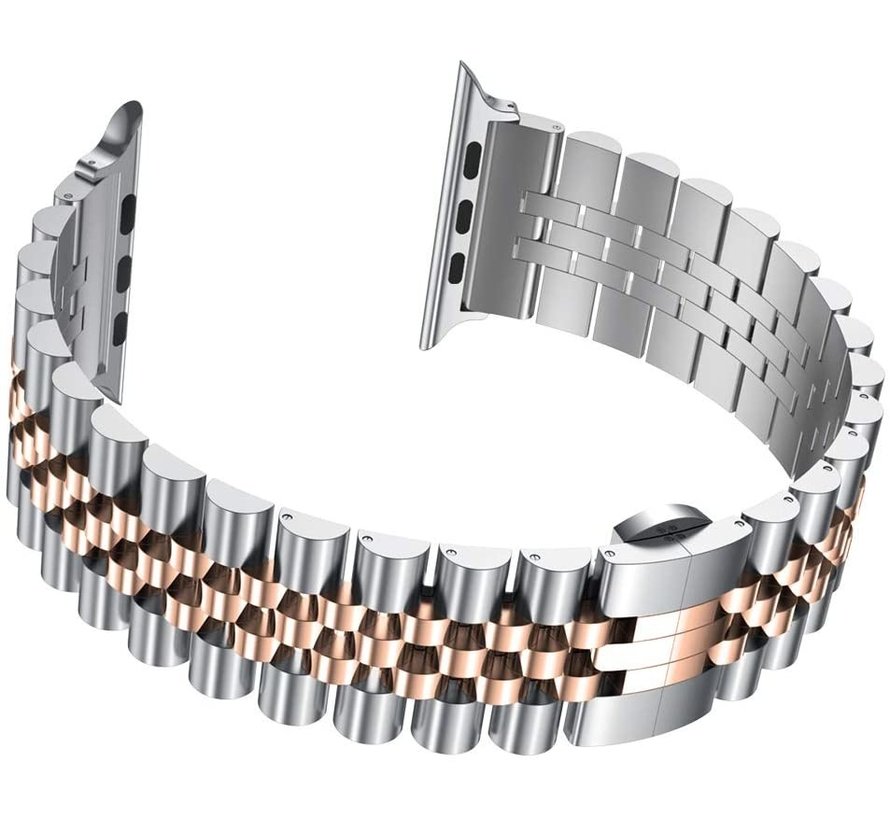 Bandje geschikt voor Apple watch 42/44MM - Vouw Sluiting - Horloge Bandje - Polsband - Metaal - Zilver/Rose Goud kopen