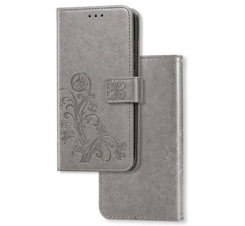 JVS Products iPhone 12 Mini Book Case Hoesje met Patroon - Pasjeshouder - Portemonnee - Bloemenprint - Apple iPhone 12 Mini - Grijs kopen