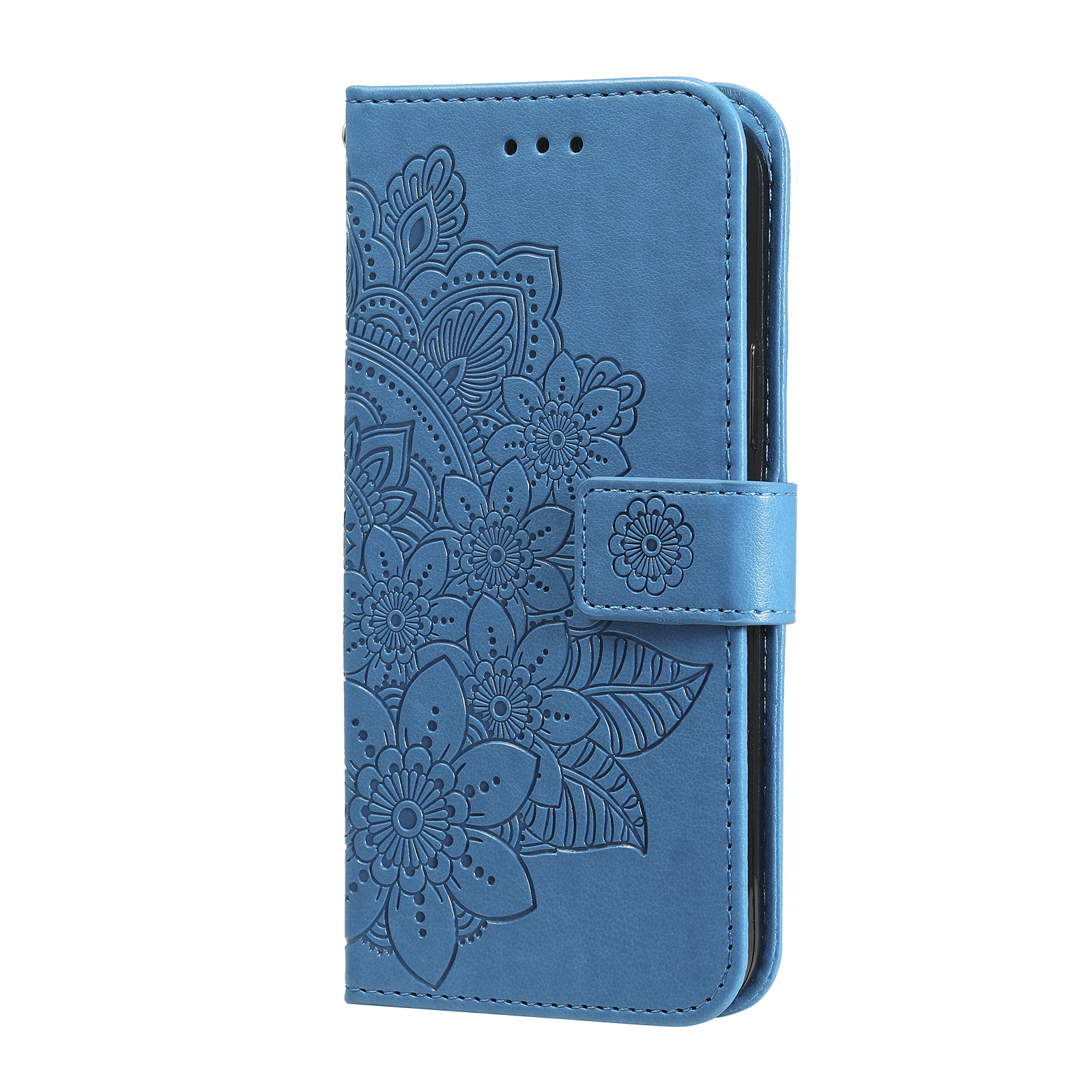 iPhone 12 Pro Max hoesje - Bookcase - Pasjeshouder - Portemonnee - Bloemenprint - Kunstleer - Blauw afbeelding