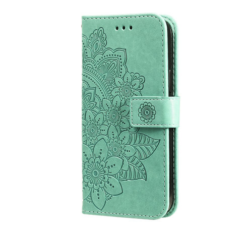 JVS Products iPhone 12 Mini hoesje - Bookcase - Pasjeshouder - Portemonnee - Bloemenprint - Kunstleer - Turquoise kopen
