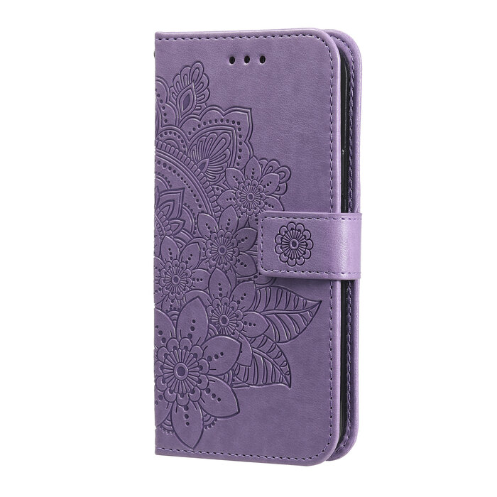 JVS Products iPhone 12 Mini hoesje - Bookcase - Pasjeshouder - Portemonnee - Bloemenprint - Kunstleer - Paars