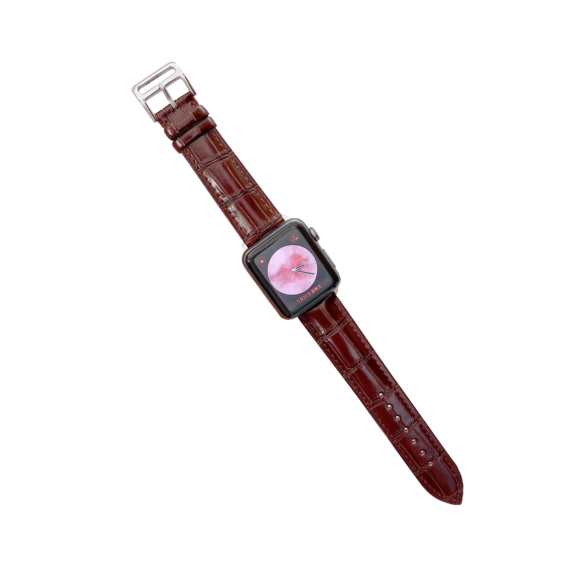 Bandje geschikt voor Apple Watch 42/44MM - Maat L - Horlogebandje - Gespsluiting - Polsband - Kunstleer - Donkerbruin afbeelding
