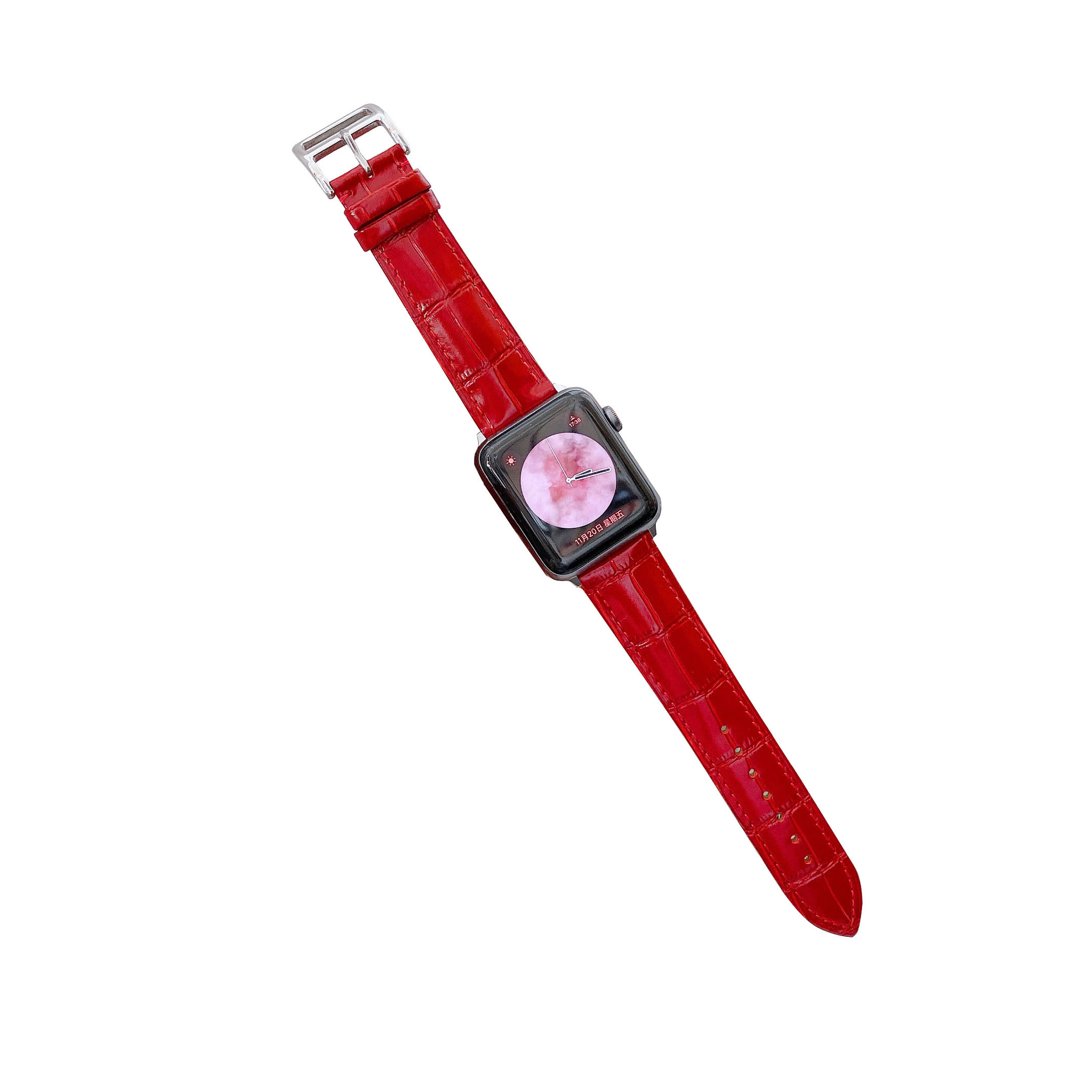 Bandje geschikt voor Apple Watch 42/44MM - Maat L - Horlogebandje - Gespsluiting - Polsband - Kunstleer - Rood afbeelding