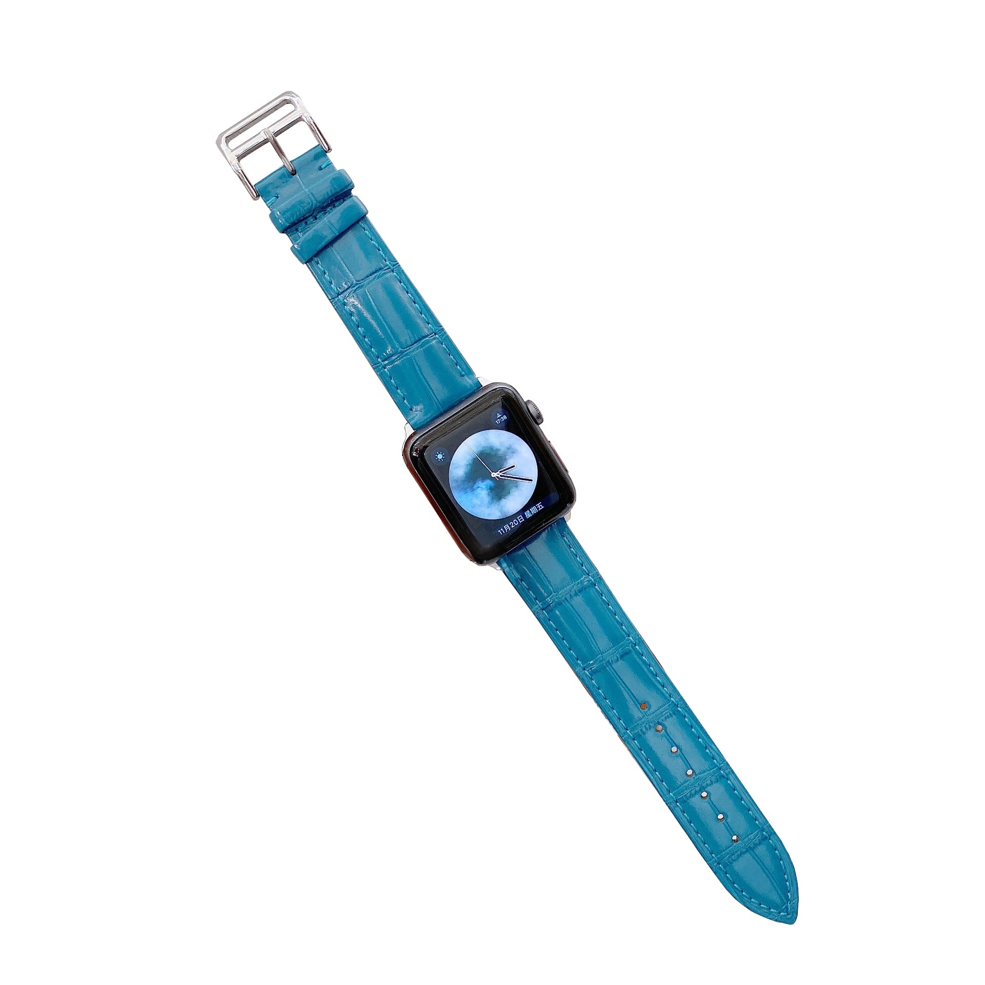 Bandje geschikt voor Apple Watch 42/44MM - Maat L - Horlogebandje - Gespsluiting - Polsband - Kunstleer - Blauw afbeelding