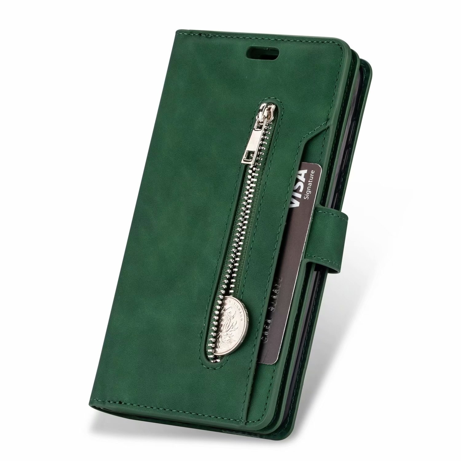iPhone 12 hoesje - Bookcase - Koord - Pasjeshouder - Portemonnee - Rits - Kunstleer - Groen afbeelding