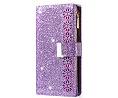 JVS Products iPhone 7 hoesje - Bookcase - Koord - Pasjeshouder - Portemonnee - Glitter - Bloemenpatroon - Kunstleer - Paars