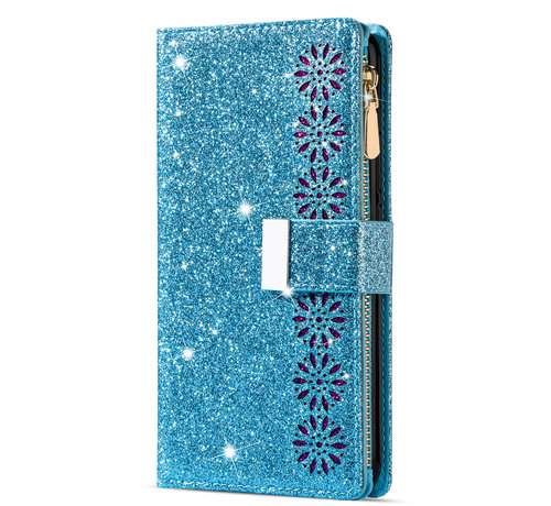 JVS Products iPhone 8 Luxe Glitter Book Case Hoesje met Koord - Bloemenpatroon - Magnetische Sluiting - Portemonnee met Rits - Pasjeshouder - Apple iPhone 8 - Blauw kopen