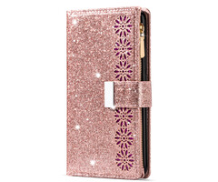 JVS Products iPhone 8 hoesje - Bookcase - Koord - Pasjeshouder - Portemonnee - Glitter - Bloemenpatroon - Kunstleer - Rose Goud