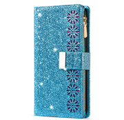 JVS Products iPhone X Luxe Glitter Book Case Hoesje met Koord - Bloemenpatroon - Magnetische Sluiting - Portemonnee met Rits - Pasjeshouder - Apple iPhone X - Blauw