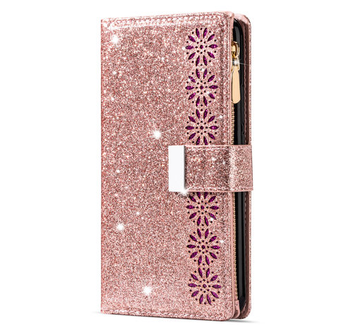 JVS Products iPhone 12 Luxe Glitter Book Case Hoesje met Koord - Bloemenpatroon - Magnetische Sluiting - Portemonnee met Rits - Pasjeshouder - Apple iPhone 12 - Rose Goud kopen