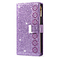 iPhone 12 hoesje - Bookcase - Koord - Pasjeshouder - Portemonnee - Glitter - Bloemenpatroon - Kunstleer - Paars kopen