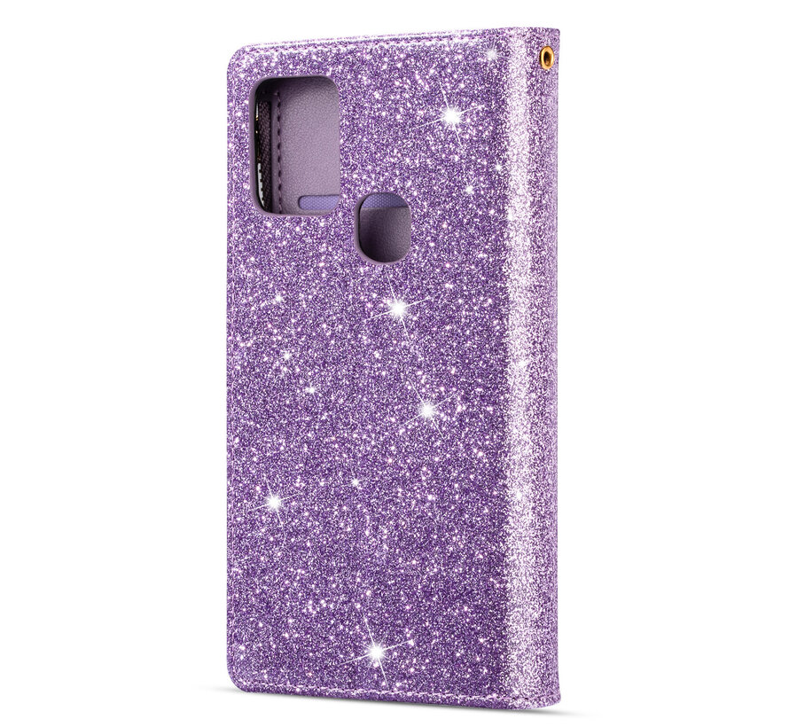 iPhone 12 Pro hoesje - Bookcase - Koord - Pasjeshouder - Portemonnee - Glitter - Bloemenpatroon - Kunstleer - Paars kopen