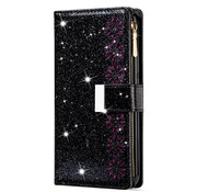 JVS Products iPhone 12 Mini Luxe Glitter Book Case Hoesje met Koord - Bloemenpatroon - Magnetische Sluiting - Portemonnee met Rits - Pasjeshouder - Apple iPhone 12 Mini - Zwart