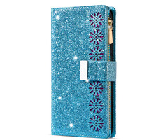 JVS Products Samsung Galaxy S10 Plus hoesje - Bookcase - Koord - Pasjeshouder - Portemonnee - Glitter - Bloemenpatroon - Kunstleer - Blauw