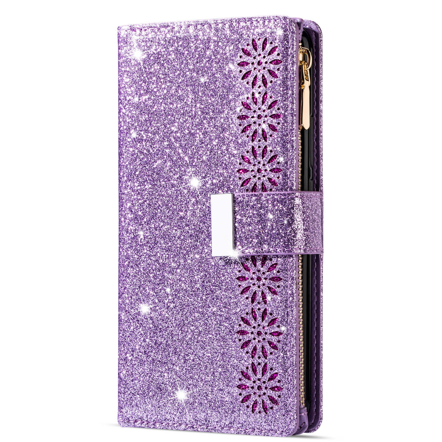 Samsung Galaxy A72 hoesje - Bookcase - Koord - Pasjeshouder - Portemonnee - Glitter - Bloemenpatroon - Kunstleer - Paars afbeelding