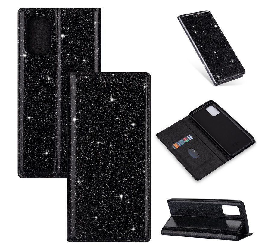 iPhone 12 Glitter Book Case Hoesje - TPU - Magnetische Sluiting - Pasjeshouder - Apple iPhone 12 - Zwart kopen