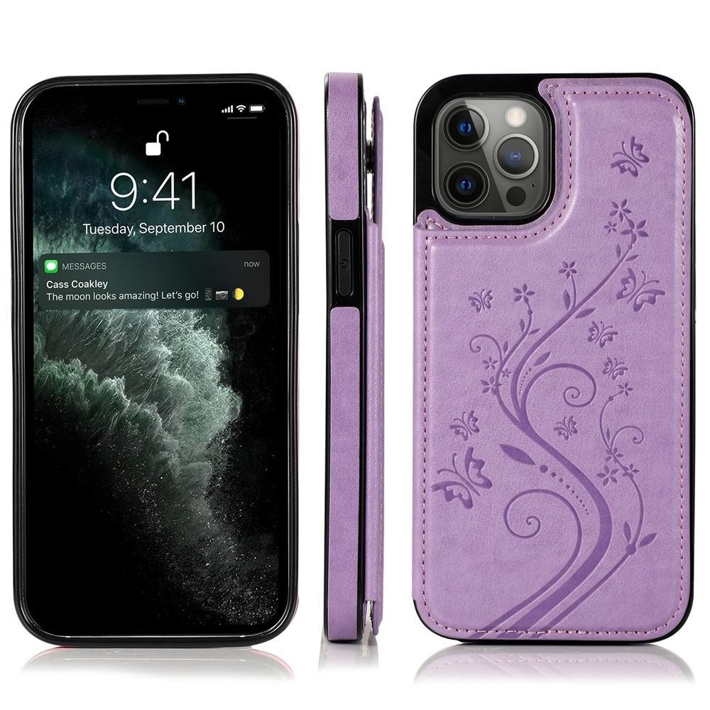 iPhone 14 hoesje - Backcover - Pasjeshouder - Portemonnee - Bloemenprint - Kunstleer - Paars