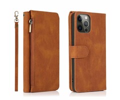 JVS Products iPhone 14 hoesje - Bookcase - Pasjeshouder - Portemonnee - Rits - Kunstleer - Bruin