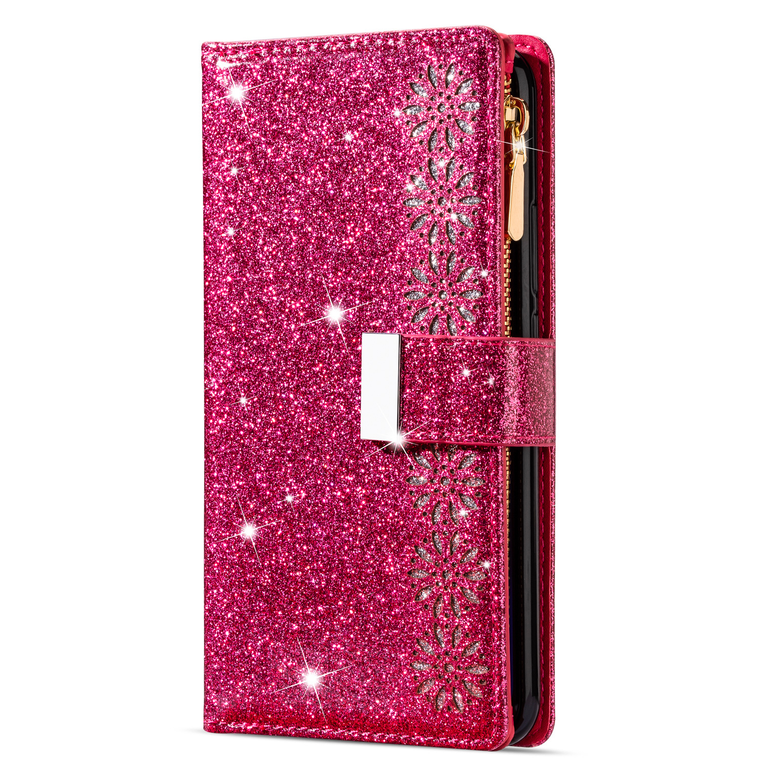 iPhone 14 Luxe Glitter Book Case Hoesje met Koord - Bloemenpatroon - Magnetische Sluiting - Portemonnee met Rits - Pasjeshouder - Apple iPhone 14 - Roze