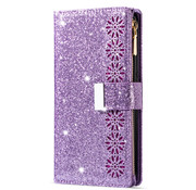 JVS Products iPhone 14 Luxe Glitter Book Case Hoesje met Koord - Bloemenpatroon - Magnetische Sluiting - Portemonnee met Rits - Pasjeshouder - Apple iPhone 14 - Paars