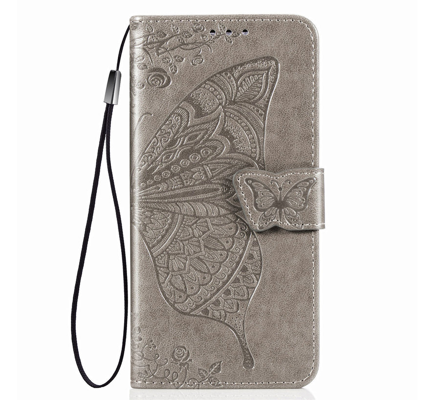 iPhone 14 hoesje - Bookcase - Pasjeshouder - Portemonnee - Vlinderpatroon - Kunstleer - Grijs kopen